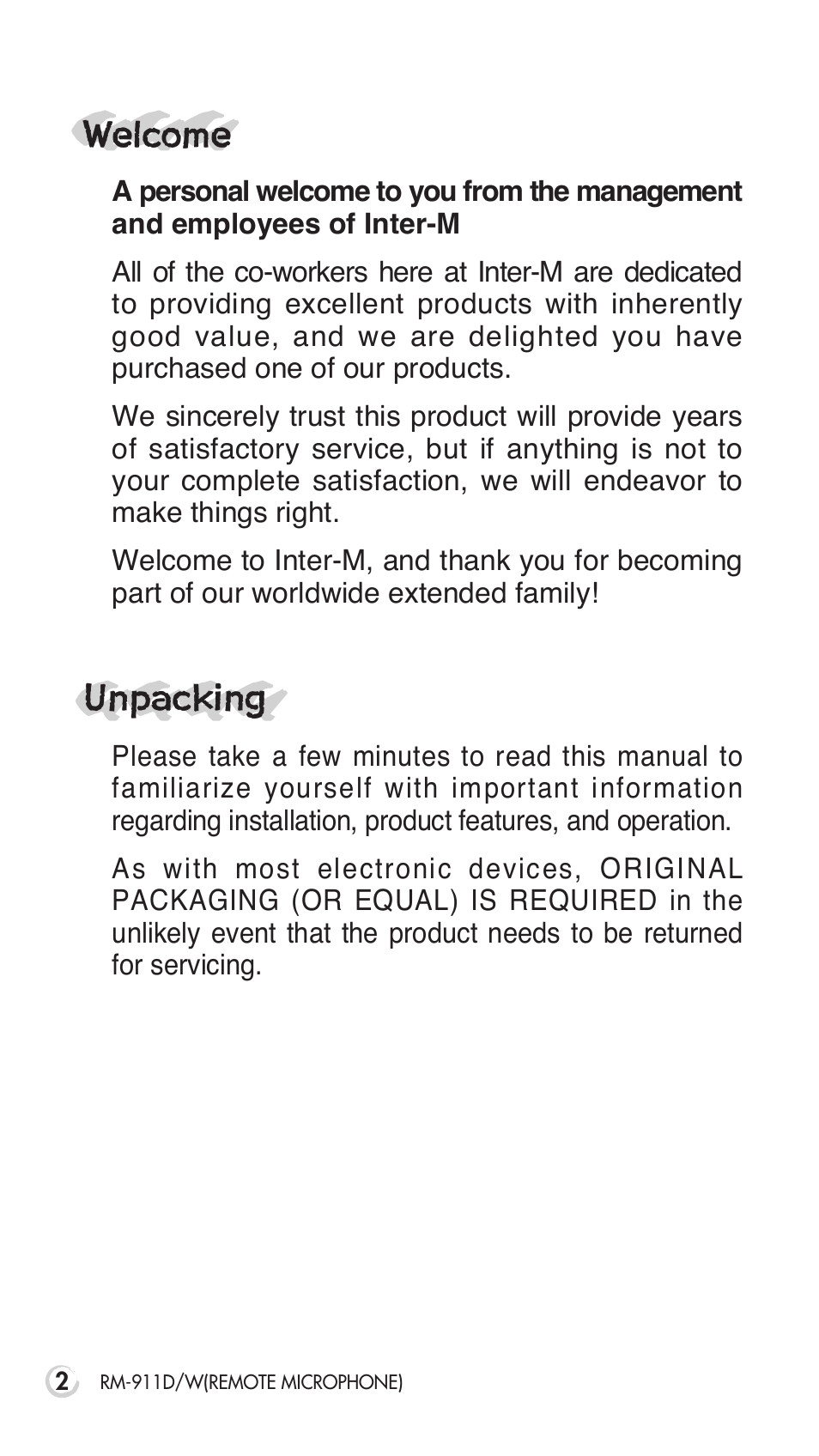 Unpacking, Welcome | Inter-M RM-911D User Manual | Page 5 / 27