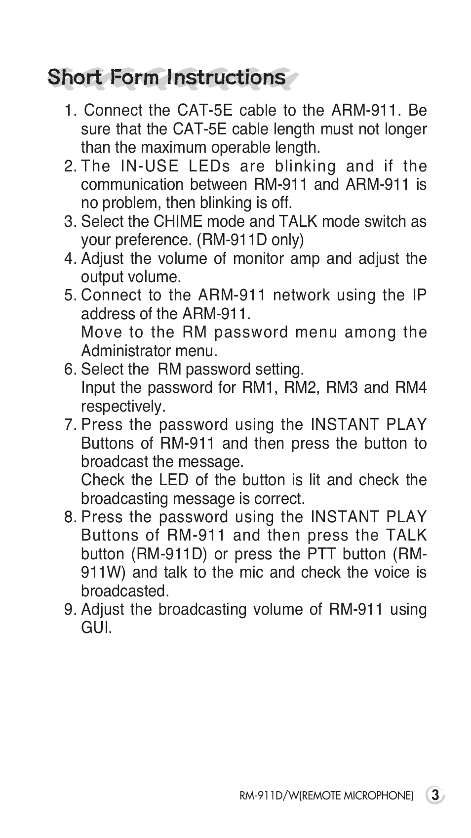 Short form instructions | Inter-M RM-911D User Manual | Page 6 / 27