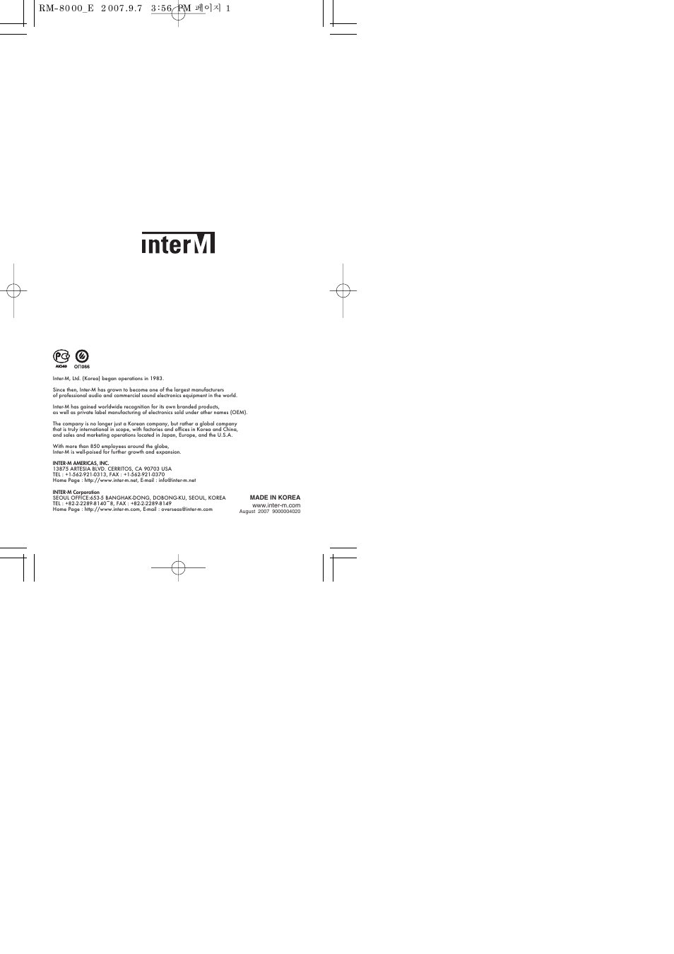 Inter-M RM-8000 User Manual | Page 20 / 20