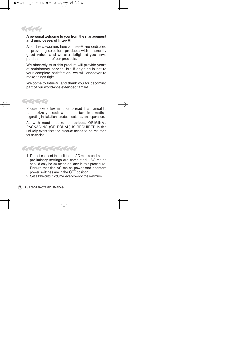 Unpacking, Short form instructions, Welcome | Inter-M RM-8000 User Manual | Page 4 / 20