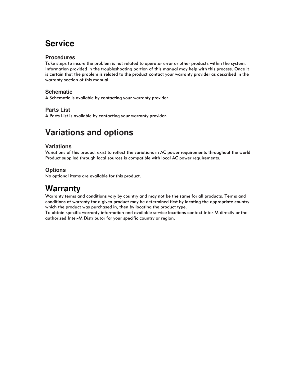 Service, Variations and options, Warranty | Inter-M PX-6216 User Manual | Page 19 / 19