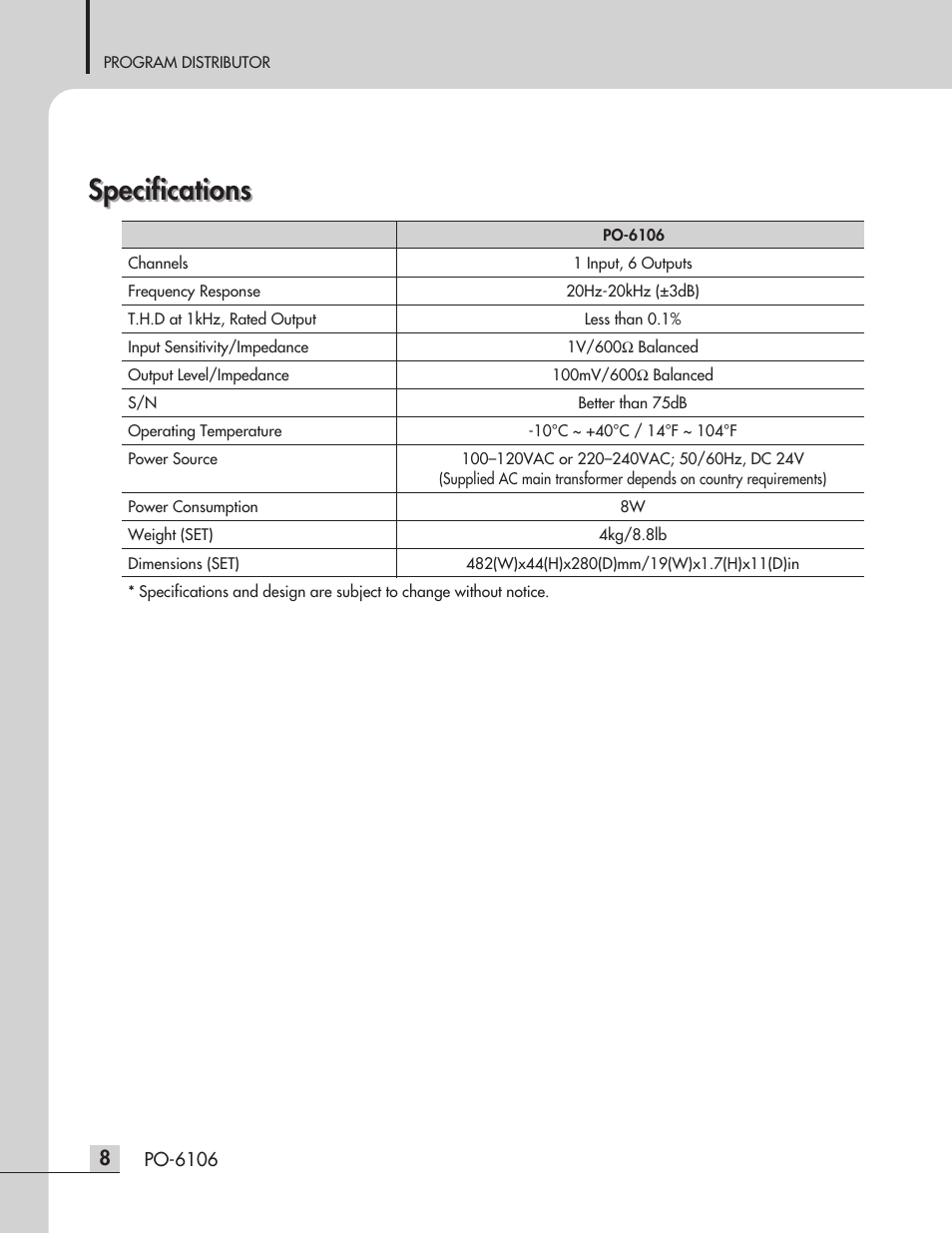 Specifications | Inter-M PO-6106 User Manual | Page 10 / 16