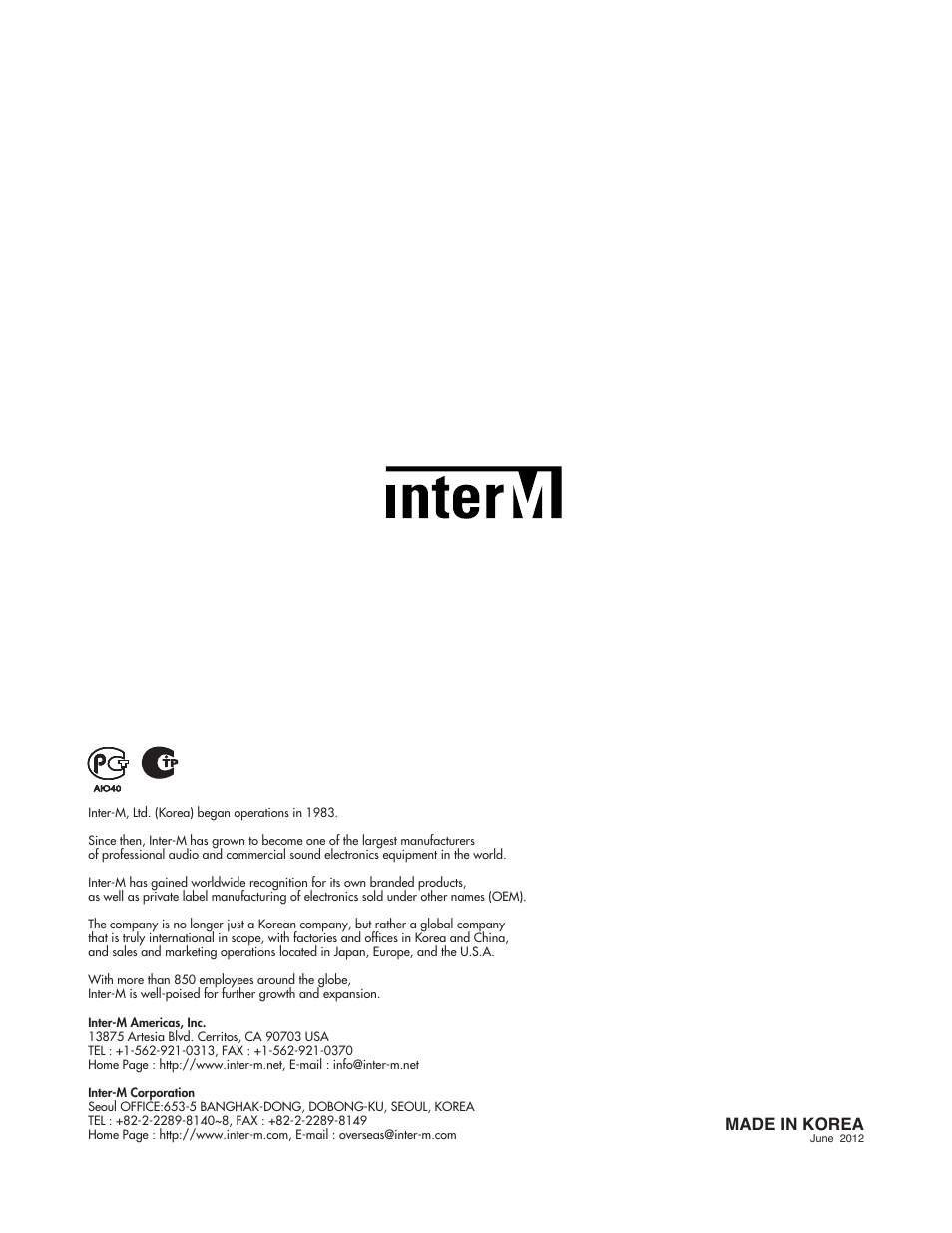 Made in korea | Inter-M PO-6106 User Manual | Page 16 / 16