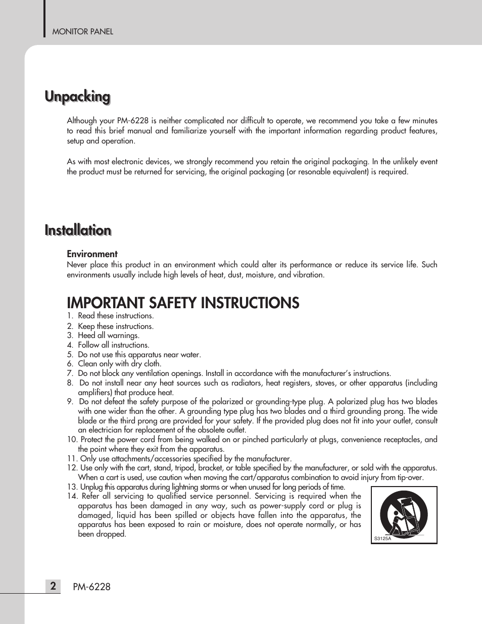 Important safety instructions, Unpacking, Installation | Inter-M PM-6228 User Manual | Page 4 / 12