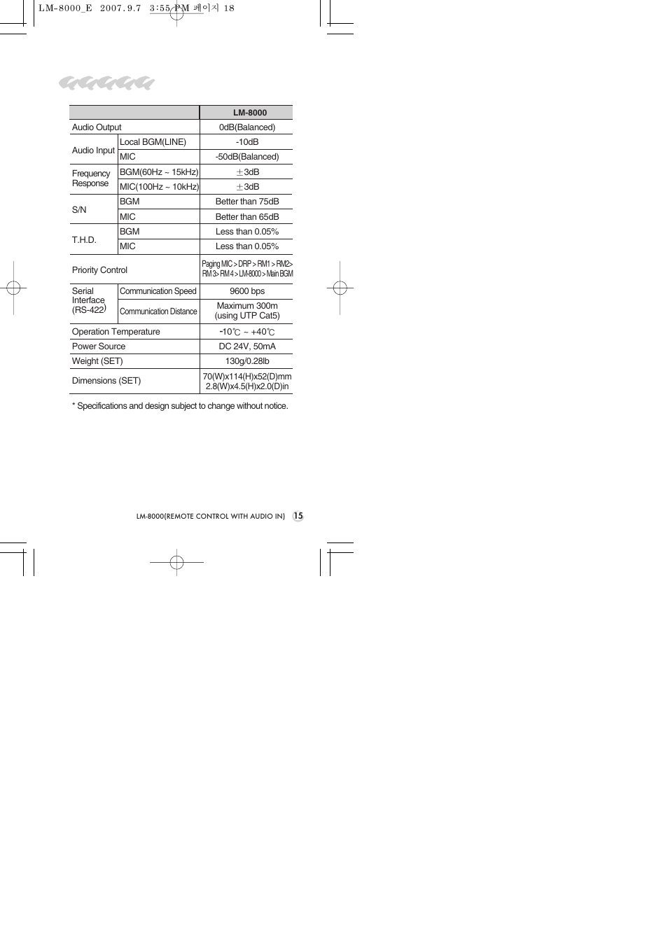 Specifications | Inter-M LM-8000 User Manual | Page 17 / 20