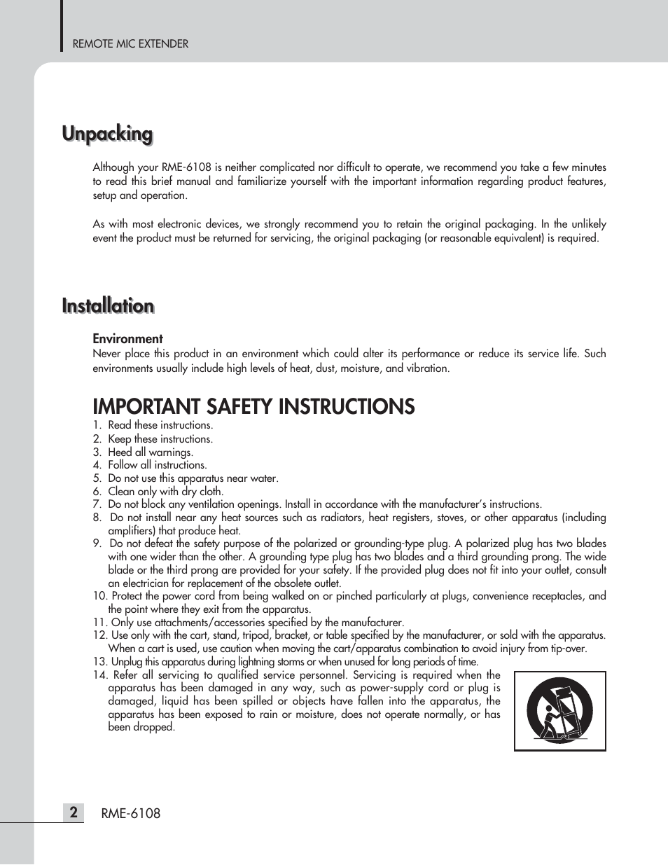 Important safety instructions, Installation unpacking unpacking, Installation | Inter-M RME-6108 User Manual | Page 4 / 16