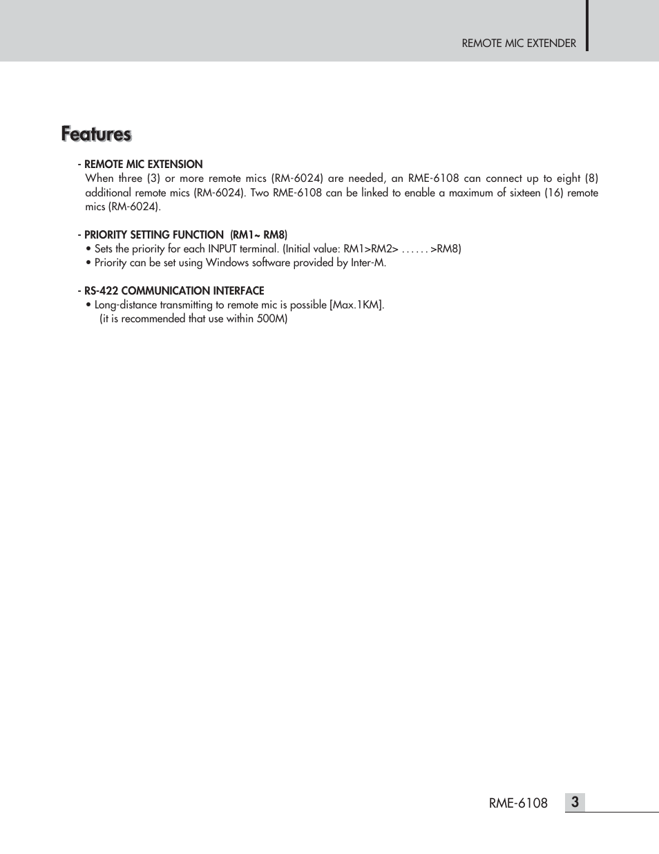 Features | Inter-M RME-6108 User Manual | Page 5 / 16