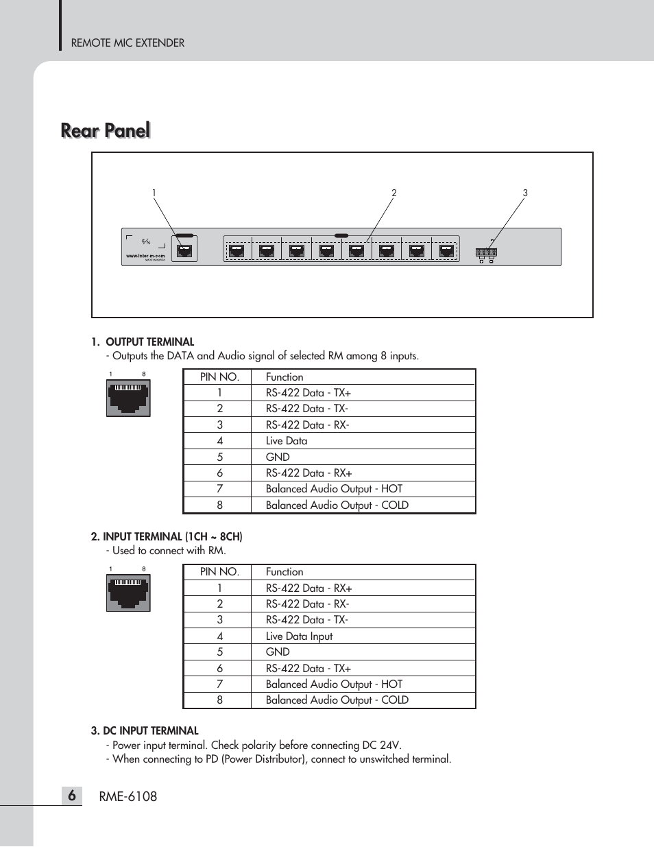 Rear panel, Rme-6108 | Inter-M RME-6108 User Manual | Page 8 / 16