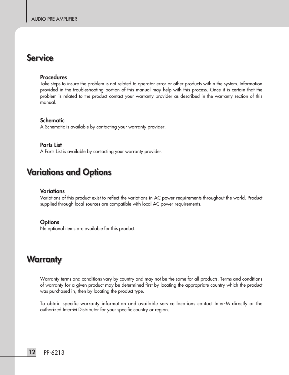 Service, Warranty, Variations and options | Inter-M PP-6213 User Manual | Page 14 / 15
