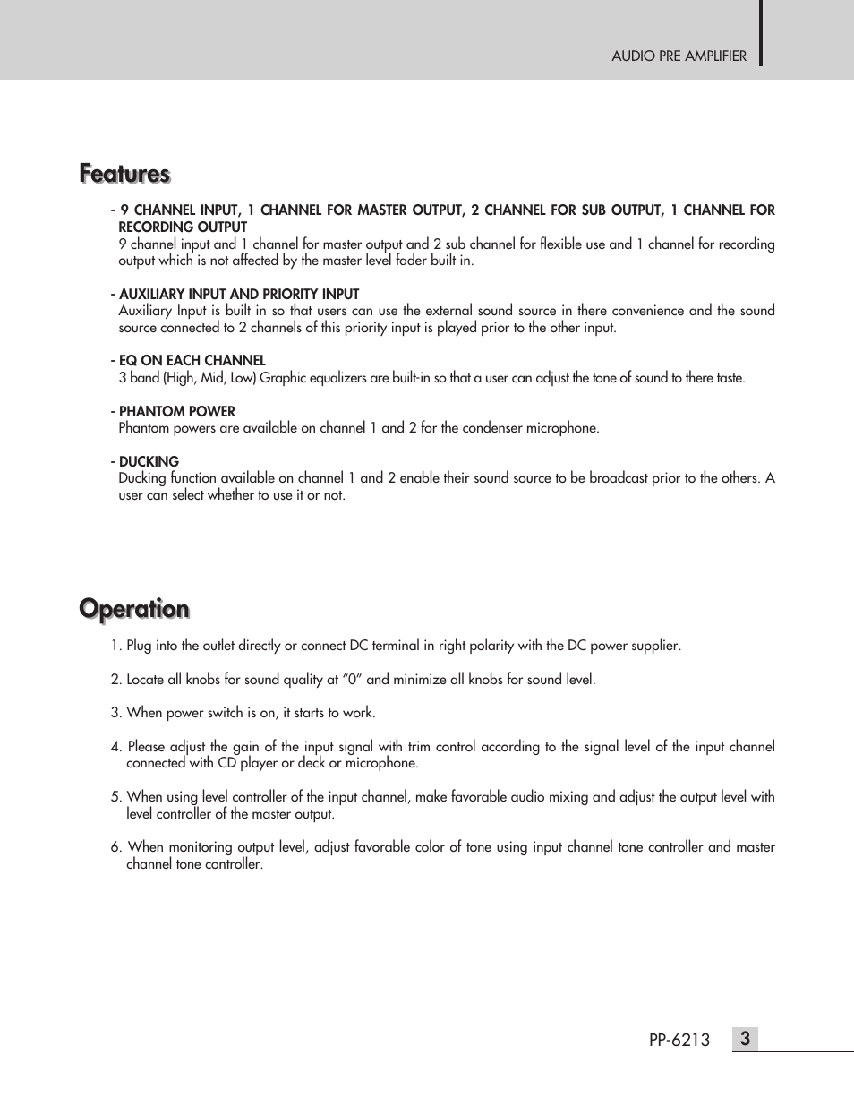 Features, Features operation features, Operation | Inter-M PP-6213 User Manual | Page 5 / 15