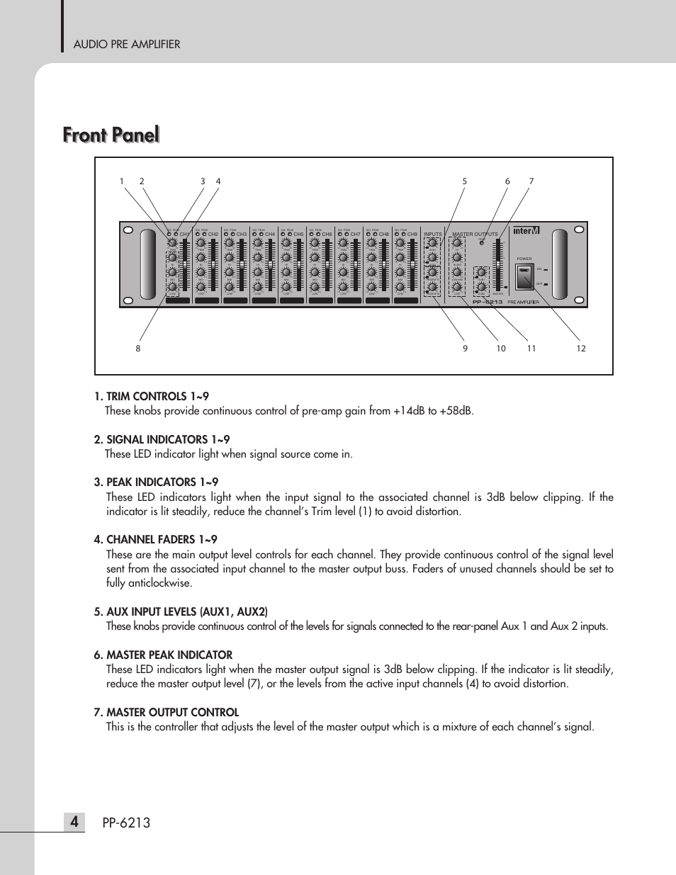 Front panel, Pp-6213, Audio pre amplifier | Inter-M PP-6213 User Manual | Page 6 / 15