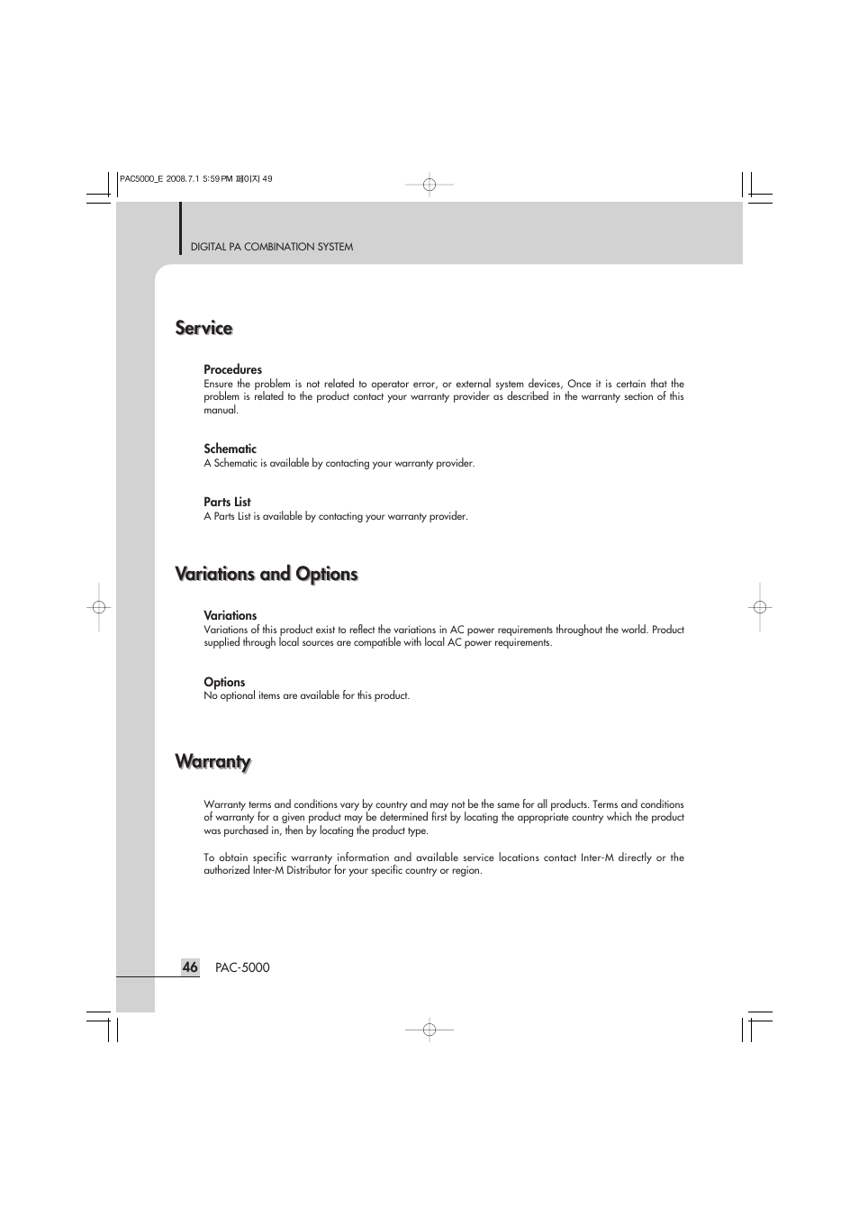Service, Variations and options, Warranty | Inter-M PAC-5000 User Manual | Page 48 / 50