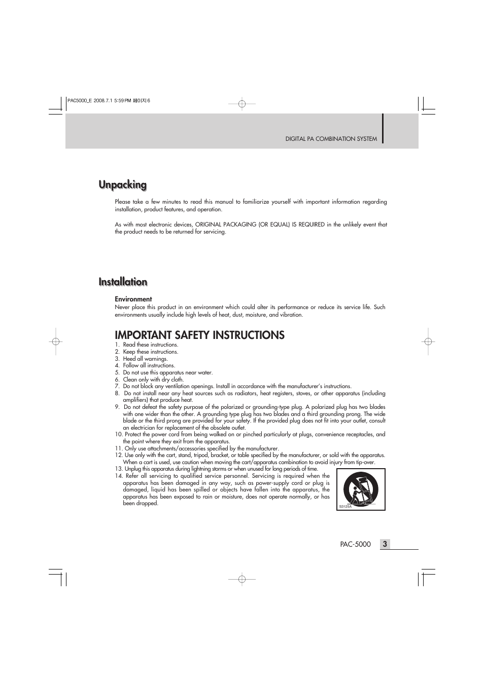 Important safety instructions, Unpacking, Installation | Inter-M PAC-5000 User Manual | Page 5 / 50