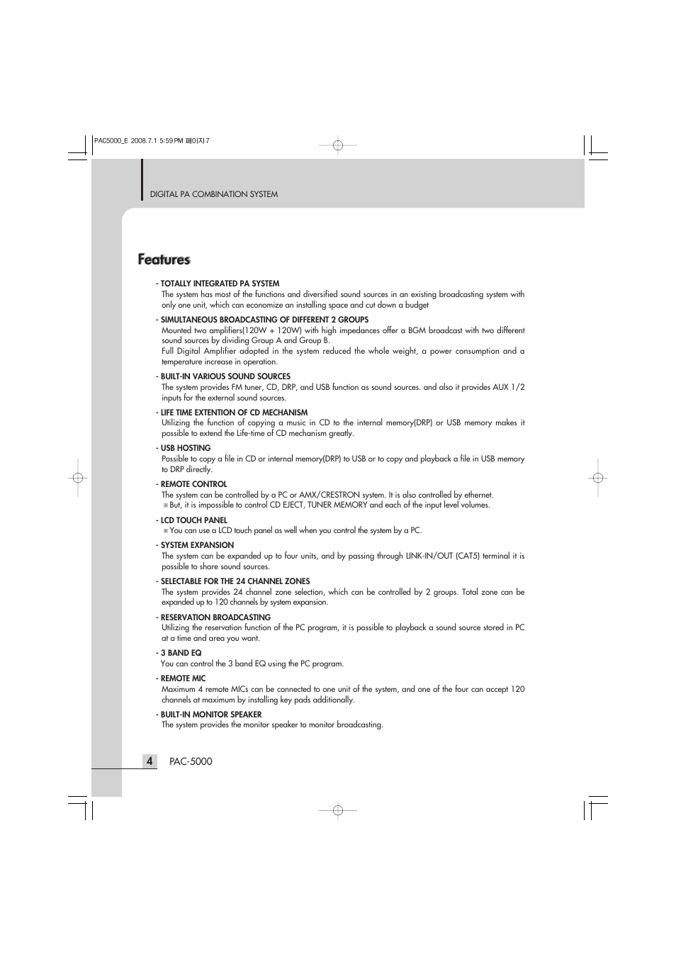 Features | Inter-M PAC-5000 User Manual | Page 6 / 50