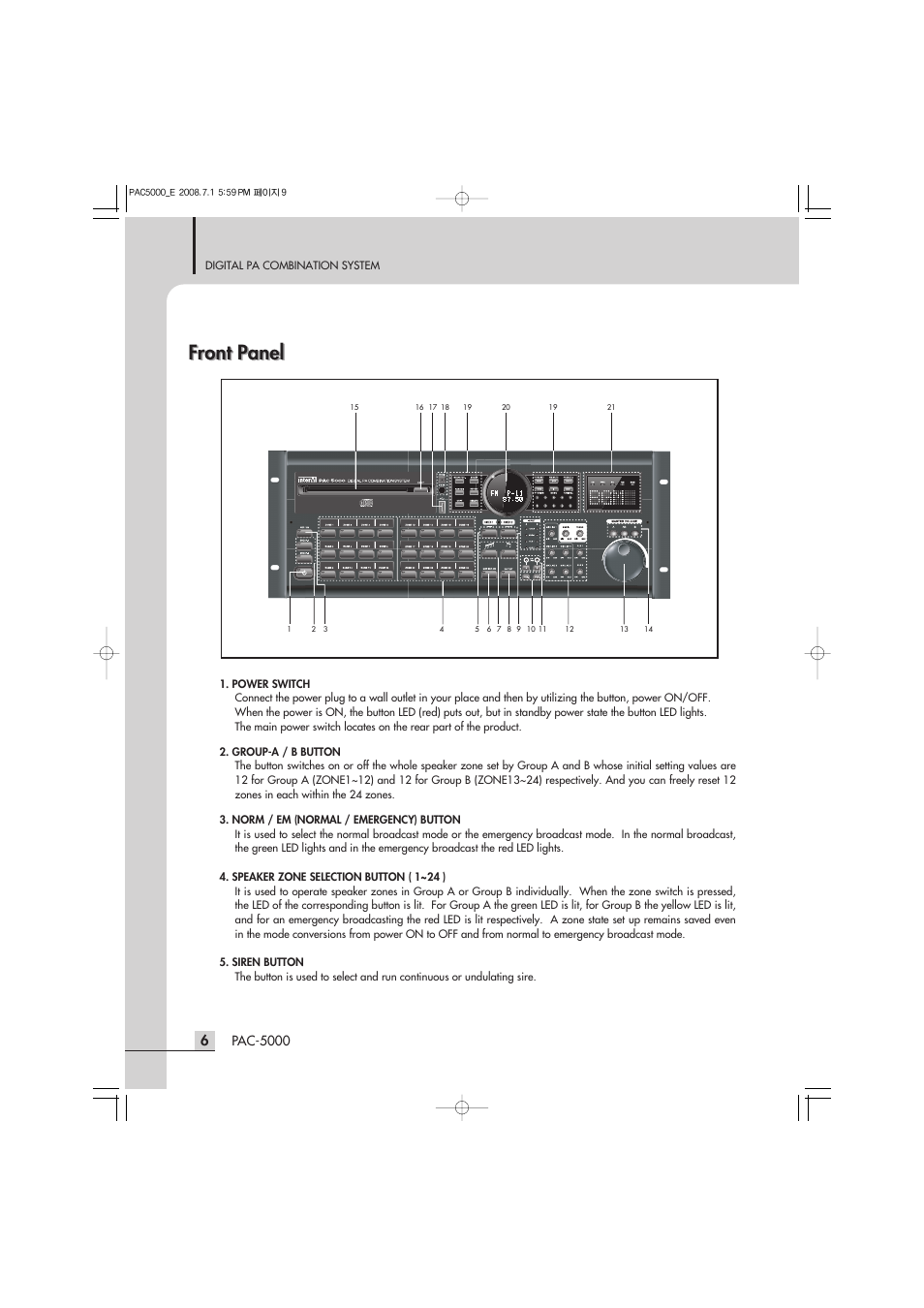 Front panel, Pac-5000 | Inter-M PAC-5000 User Manual | Page 8 / 50