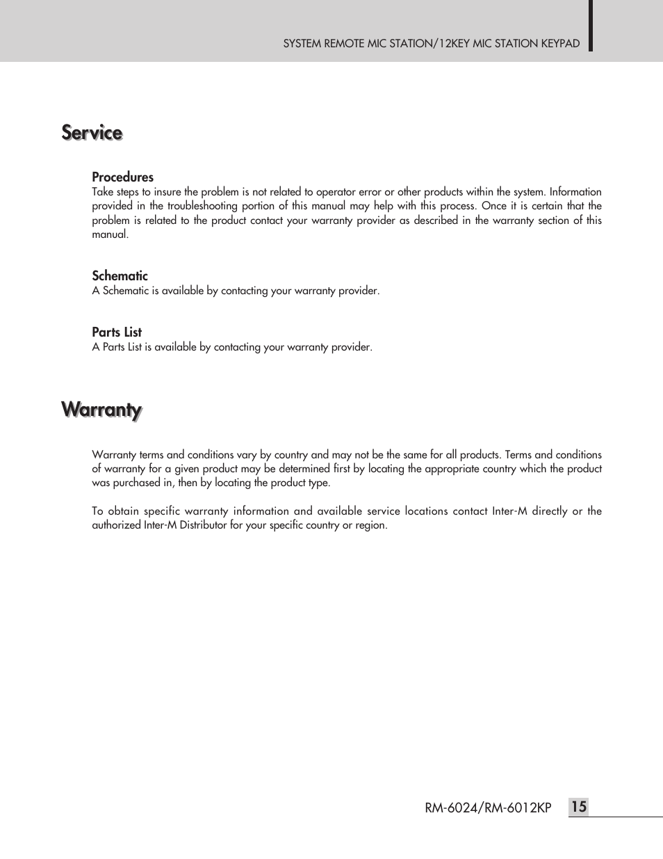 Service, Warranty | Inter-M RM-6024 User Manual | Page 17 / 20