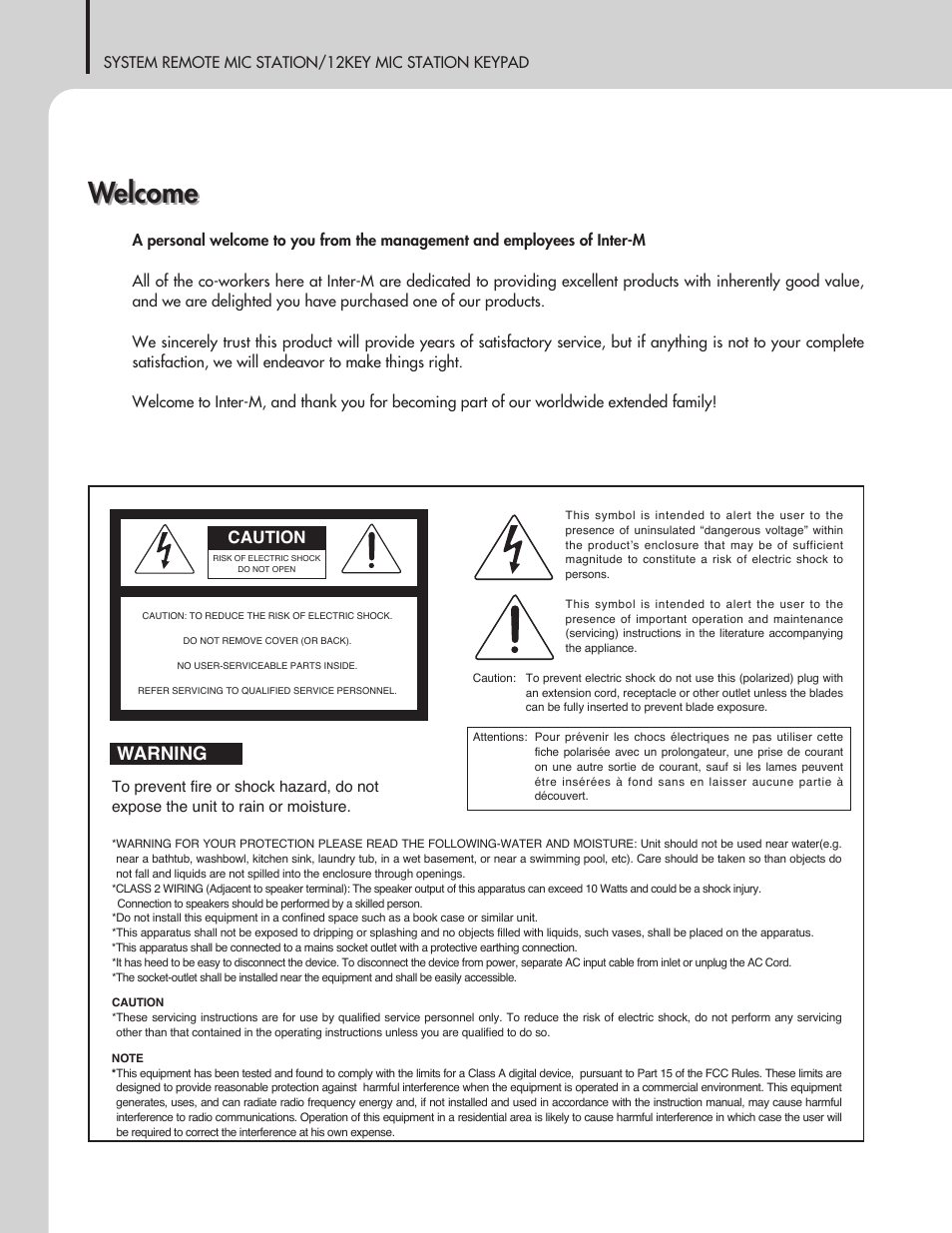 Welcome, Warning, Caution | Inter-M RM-6024 User Manual | Page 2 / 20