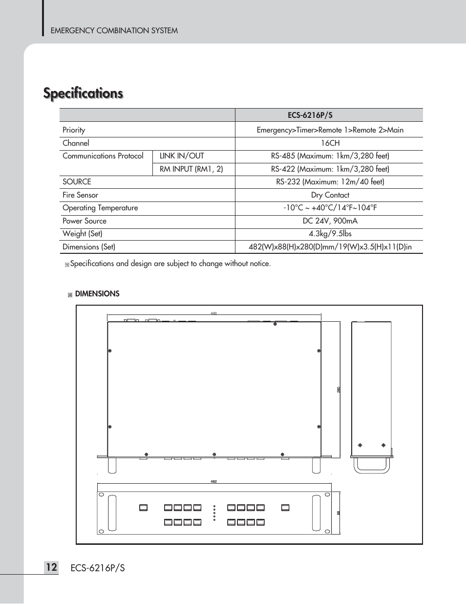 Specifications, Ecs-6216p/s | Inter-M ECS-6216P User Manual | Page 14 / 16
