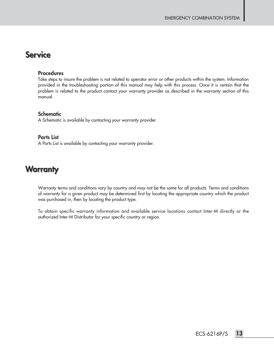 Service, Warranty | Inter-M ECS-6216P User Manual | Page 15 / 16