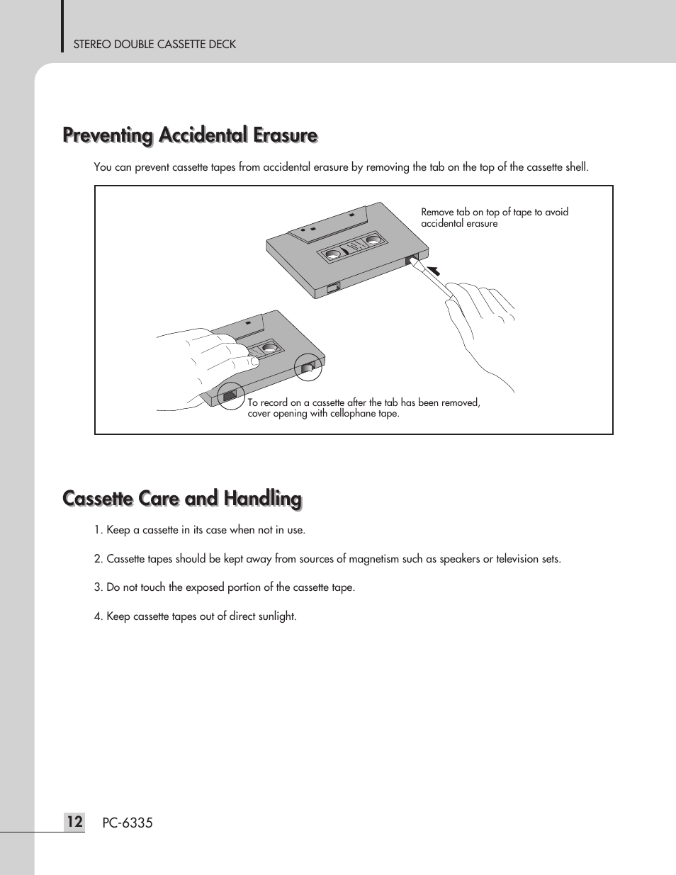 Preventing accidental erasure, Cassette care and handling | Inter-M PC-6335 User Manual | Page 14 / 24