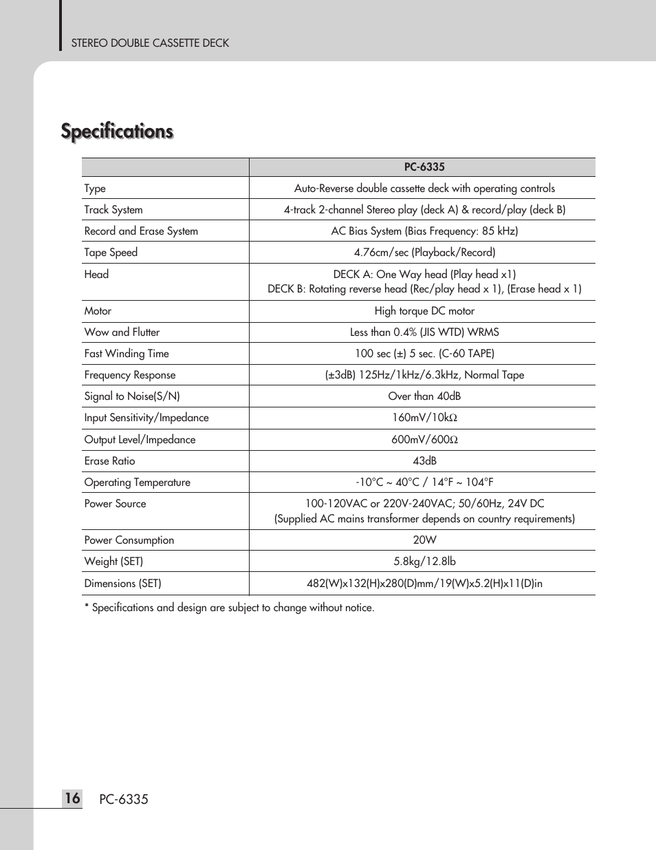 Specifications | Inter-M PC-6335 User Manual | Page 18 / 24