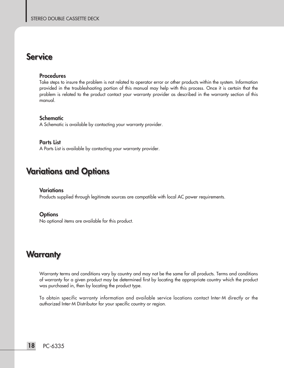 Service, Warranty, Variations and options | Inter-M PC-6335 User Manual | Page 20 / 24