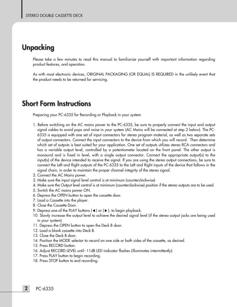 Short form instructions unpacking unpacking, Short form instructions | Inter-M PC-6335 User Manual | Page 4 / 24