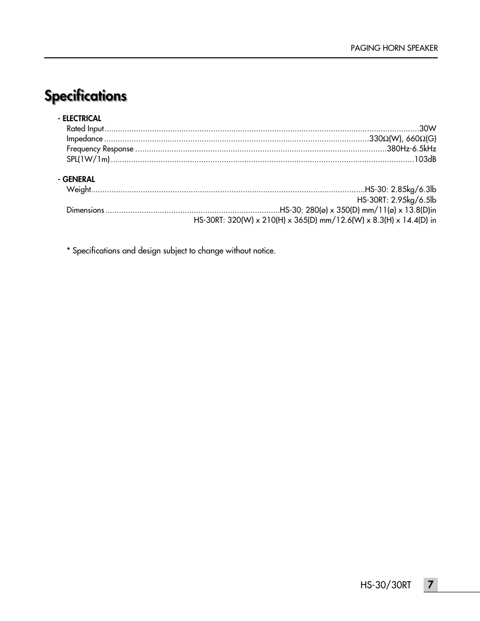 Specifications | Inter-M HS-30 User Manual | Page 10 / 11