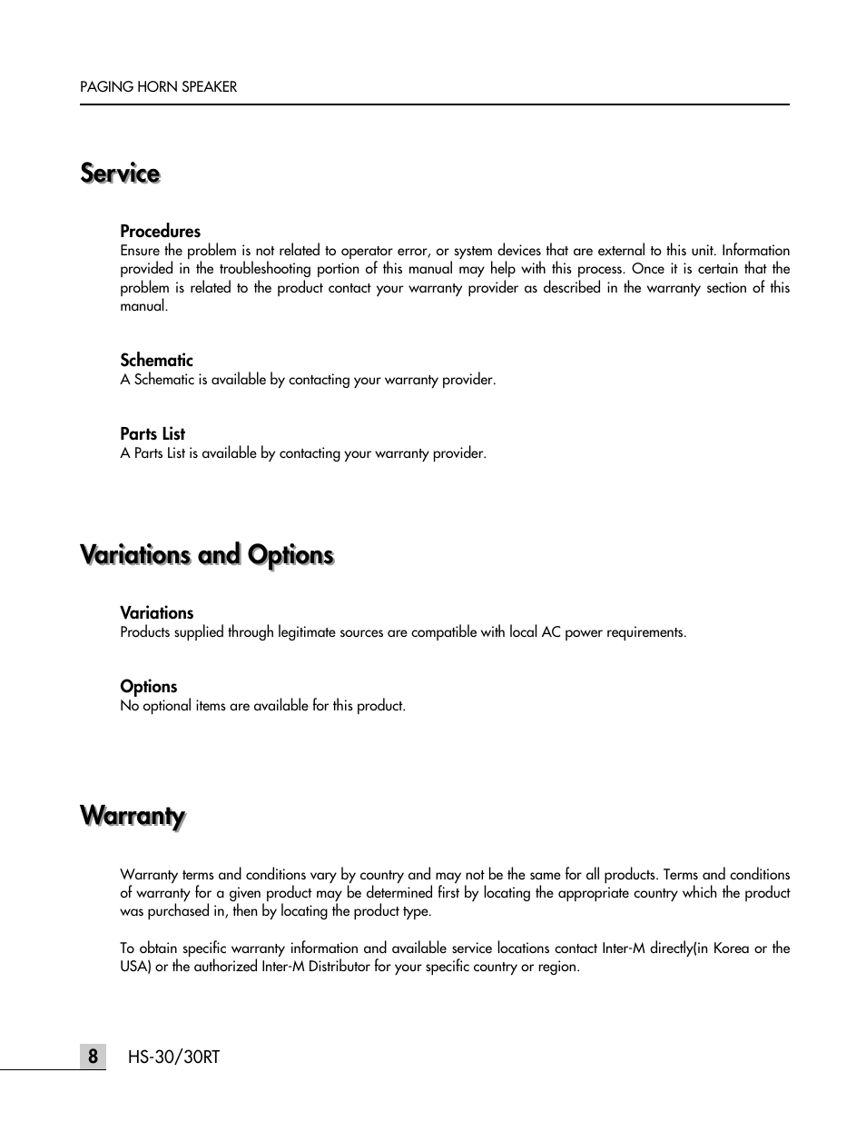 Service, Variations and options, Warranty | Inter-M HS-30 User Manual | Page 11 / 11