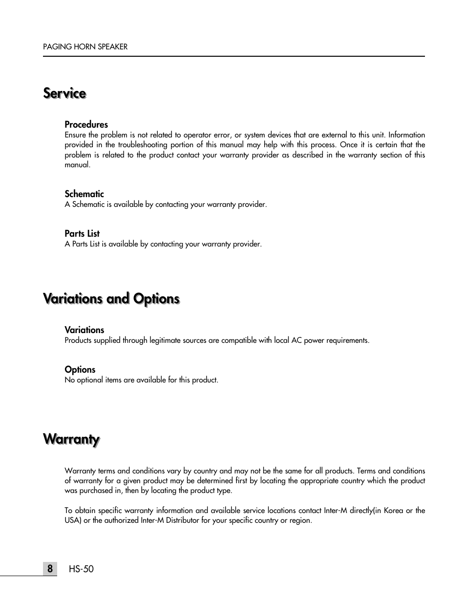 Service, Variations and options, Warranty | Inter-M HS-50 User Manual | Page 11 / 11