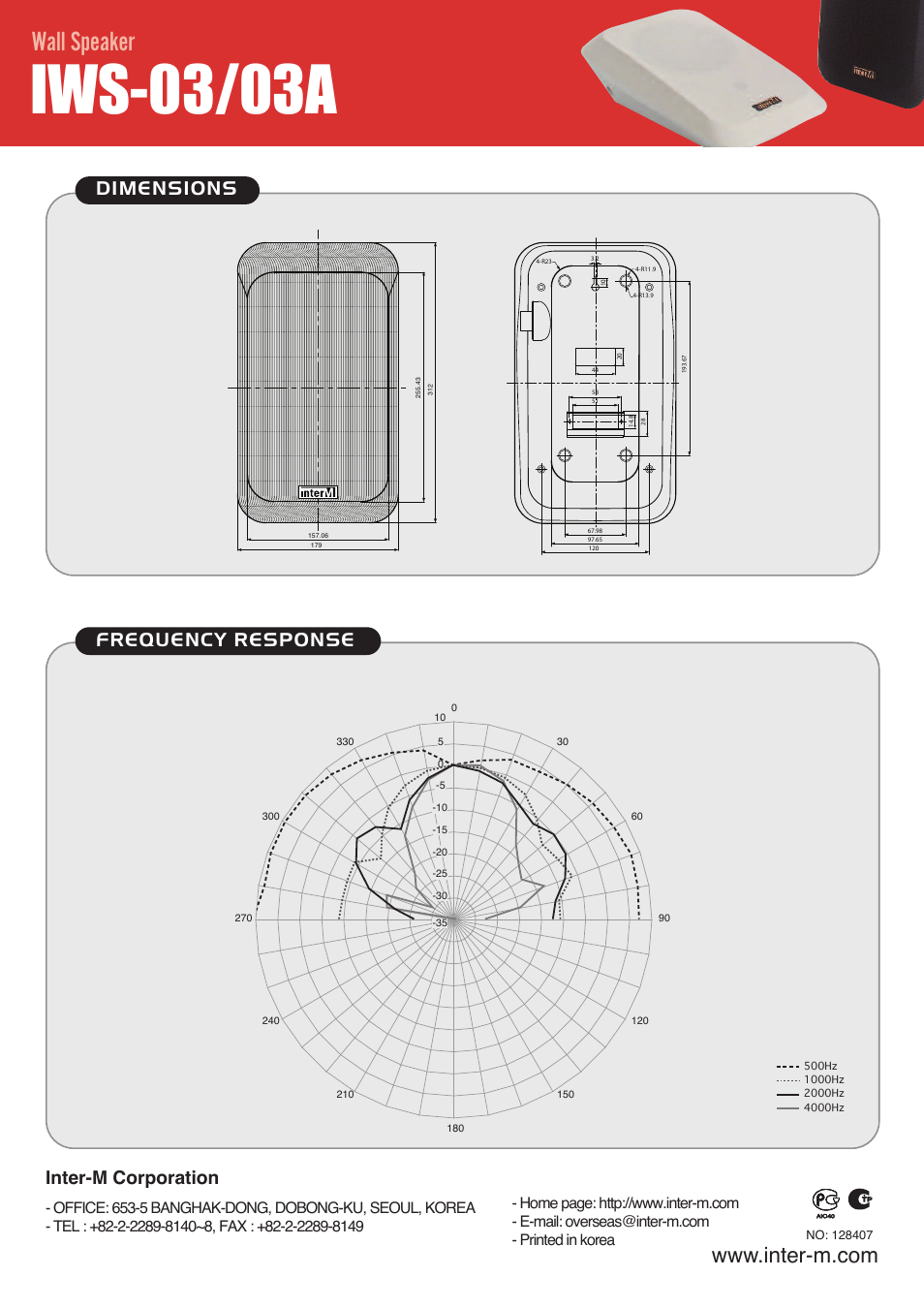 Iws-03/03a, Wall speaker, Dimensions frequency response | Inter-m corporation | Inter-M IWS-03A User Manual | Page 2 / 2