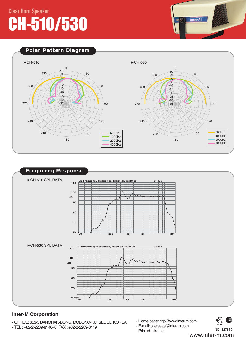 Clear horn speaker, Polar pattern diagram frequency response, Inter-m corporation | Inter-M CH-530 User Manual | Page 2 / 2