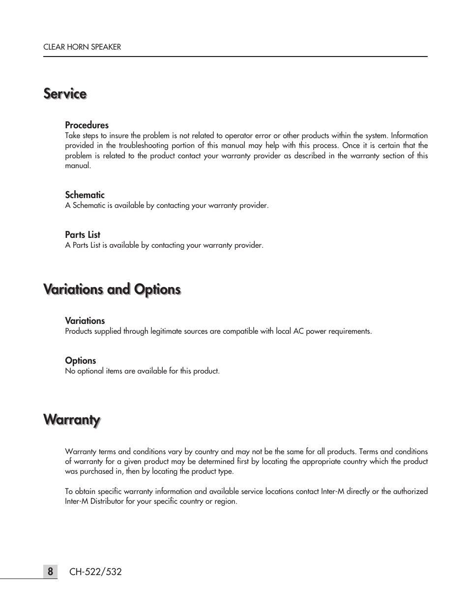 Service, Variations and options, Warranty | Inter-M CH-532 User Manual | Page 10 / 11