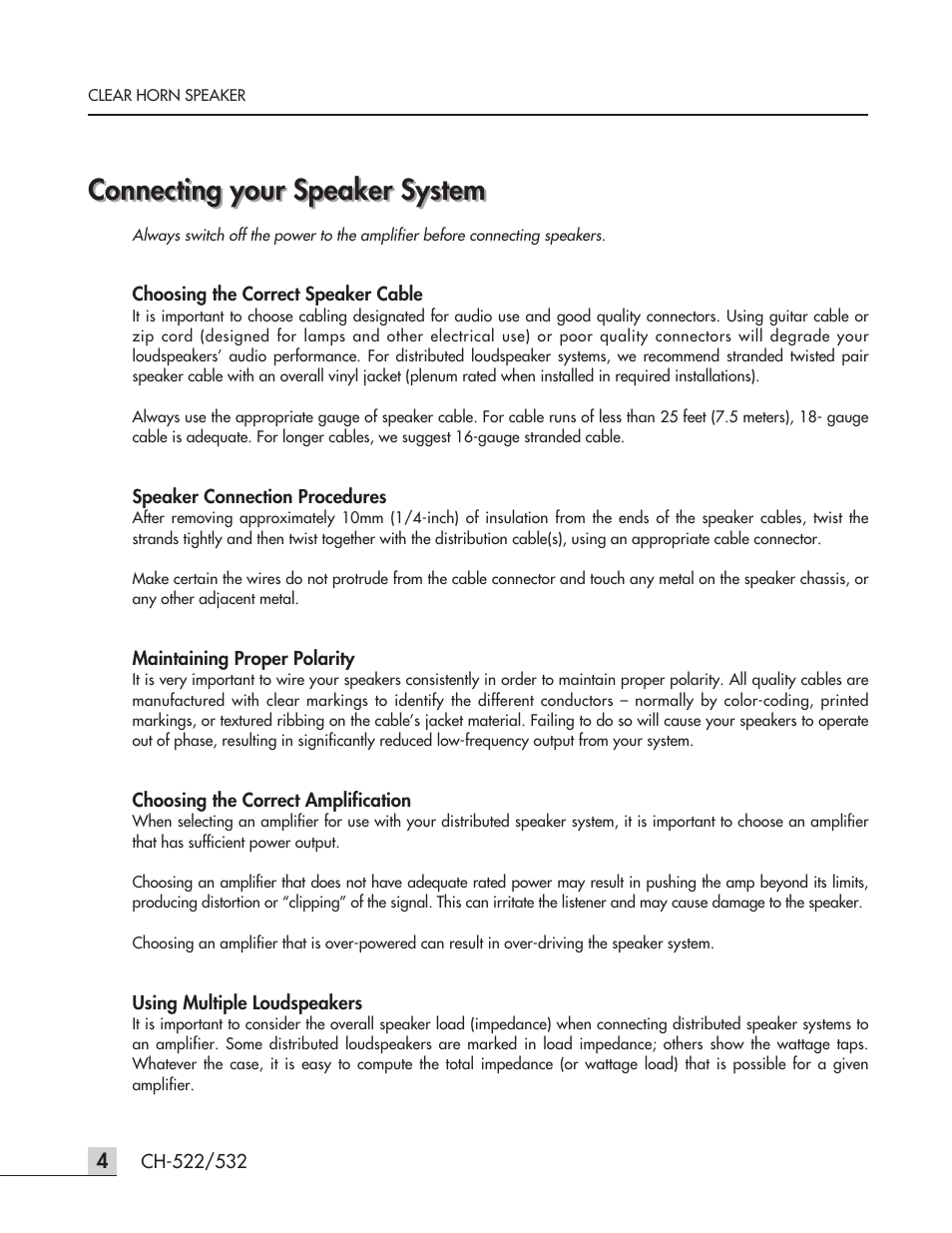 Connecting your speaker system | Inter-M CH-532 User Manual | Page 6 / 11
