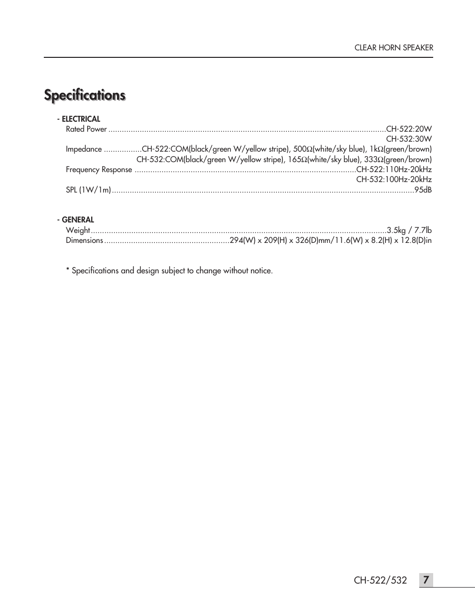 Specifications | Inter-M CH-532 User Manual | Page 9 / 11