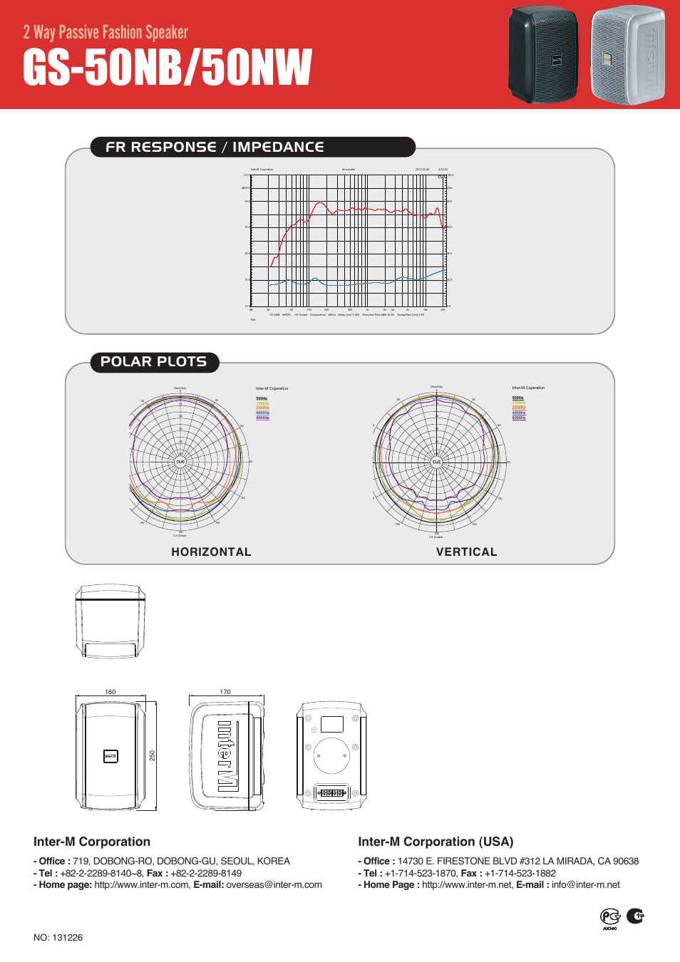 Gs-50nb/50nw, 2 way passive fashion speaker, Polar plots | Fr response / impedance, Inter-m corporation, Inter-m corporation (usa), Horizontal vertical | Inter-M GS-50NW User Manual | Page 2 / 2