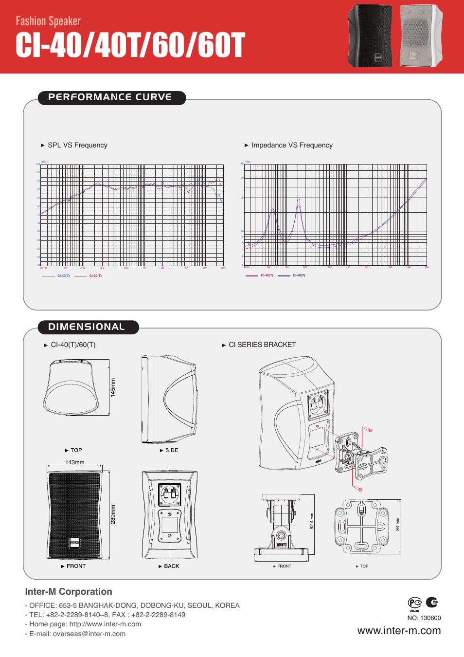 Fashion speaker, Performance curve, Inter-m corporation | Dimensional, Spl vs frequency, Impedance vs frequency, Ci series bracket, Ci-40(t)/60(t) | Inter-M CI-60T User Manual | Page 2 / 2
