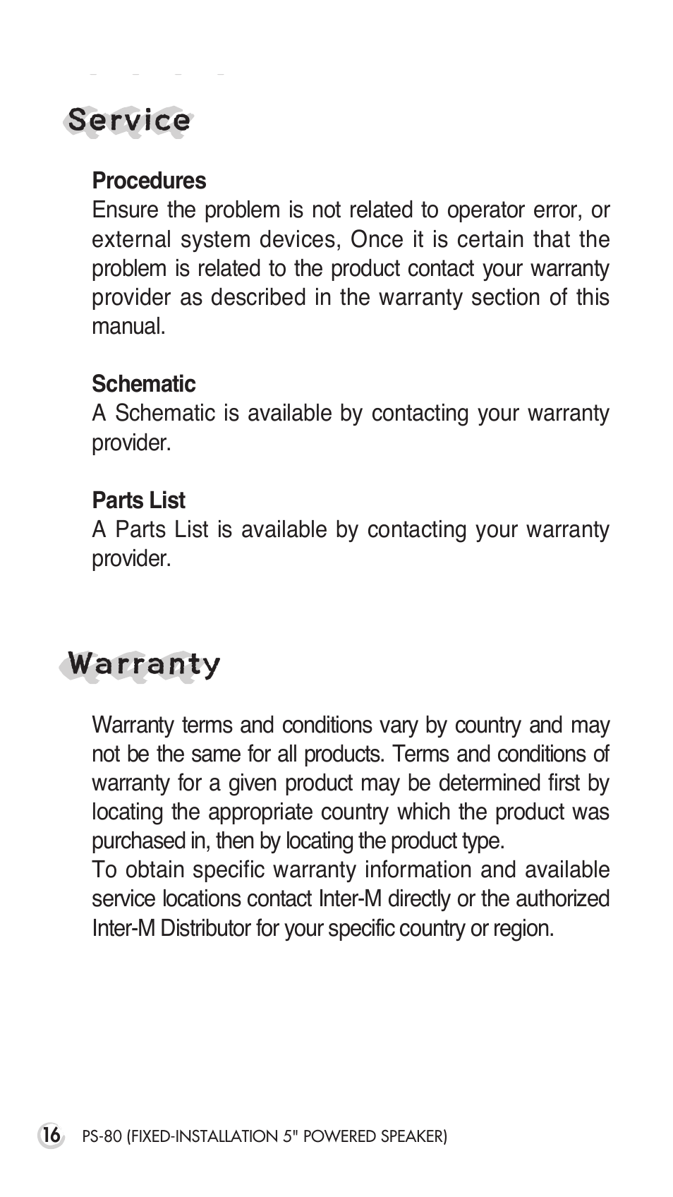 Service, Warranty | Inter-M PS-80 User Manual | Page 18 / 20