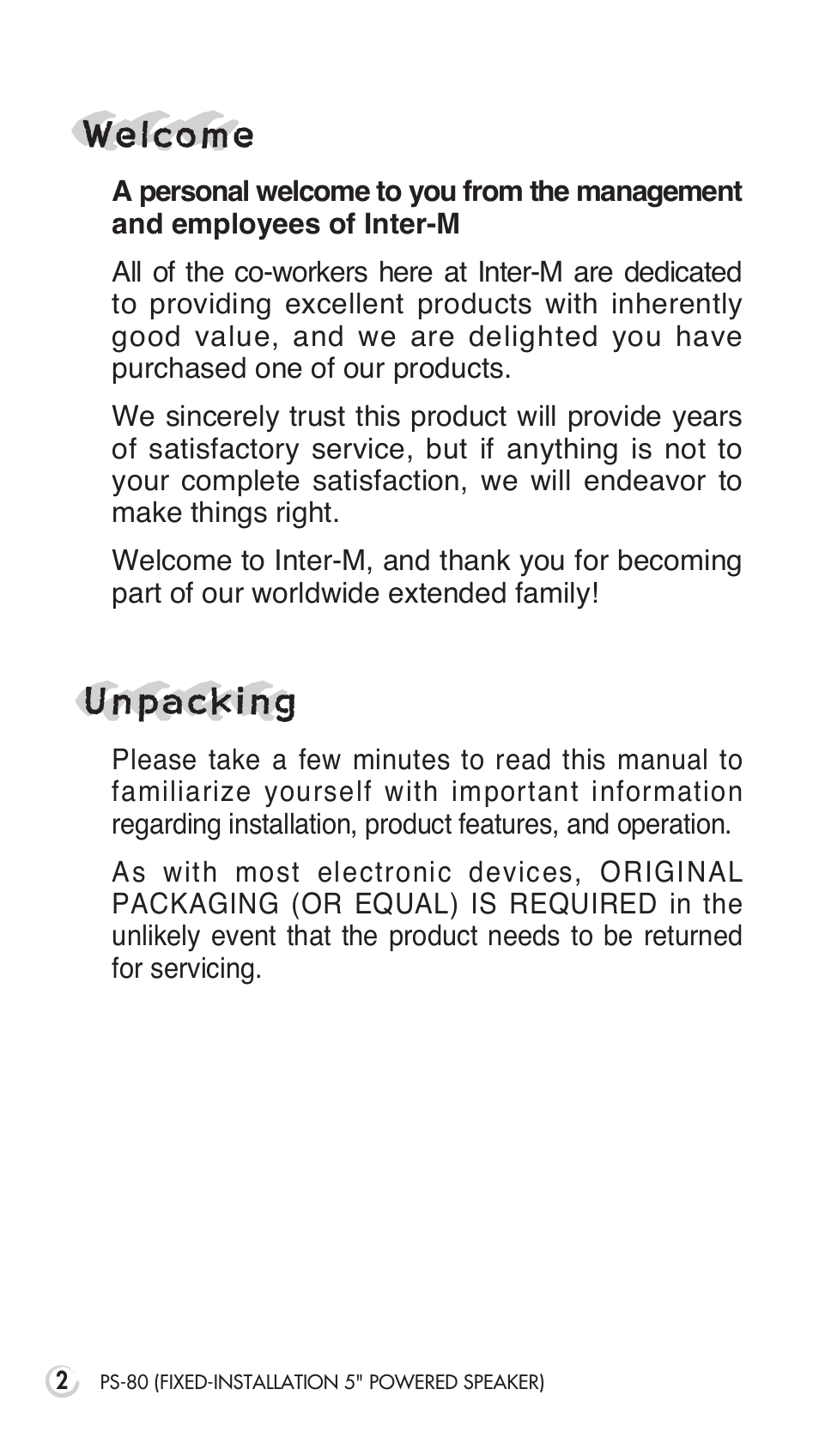Unpacking, Welcome | Inter-M PS-80 User Manual | Page 4 / 20