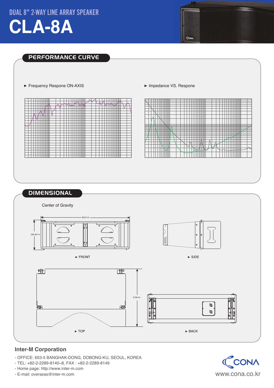 Cla-8a, Dual 8" 2-way line array speaker, Performance curve dimensional | Inter-m corporation, Frequency respone on-axis center of gravity, Impedance vs. respone | Inter-M CLA-8A User Manual | Page 2 / 2