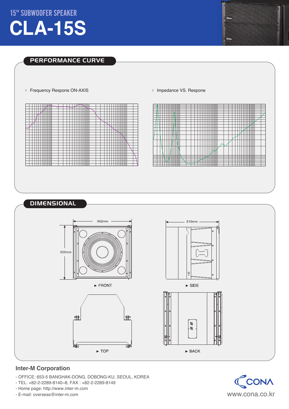 Cla-15s, 15" subwoofer speaker, Performance curve dimensional | Inter-m corporation, Frequency respone on-axis, Impedance vs. respone | Inter-M CLA-15S User Manual | Page 2 / 2