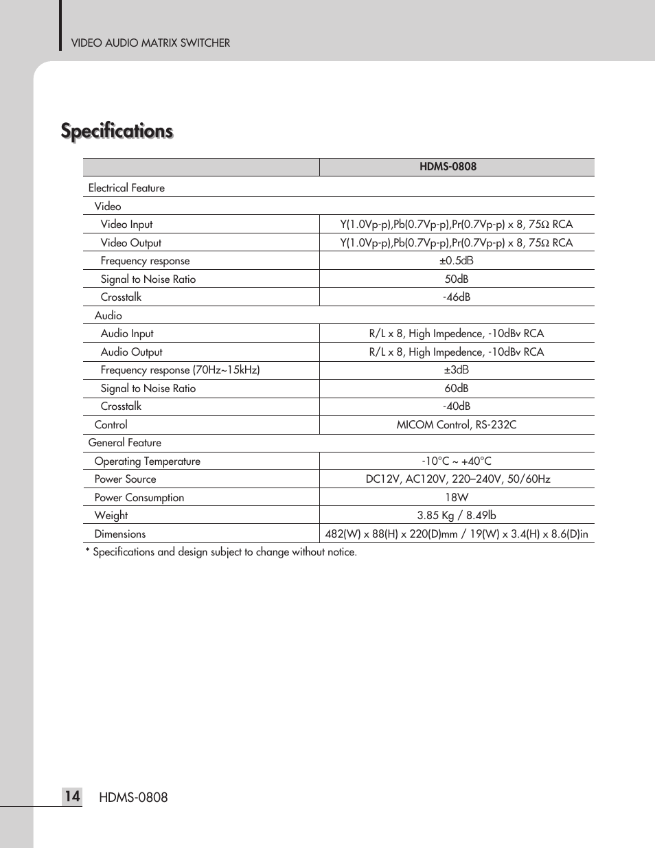 Specifications | Inter-M HDMS-0808 User Manual | Page 16 / 23