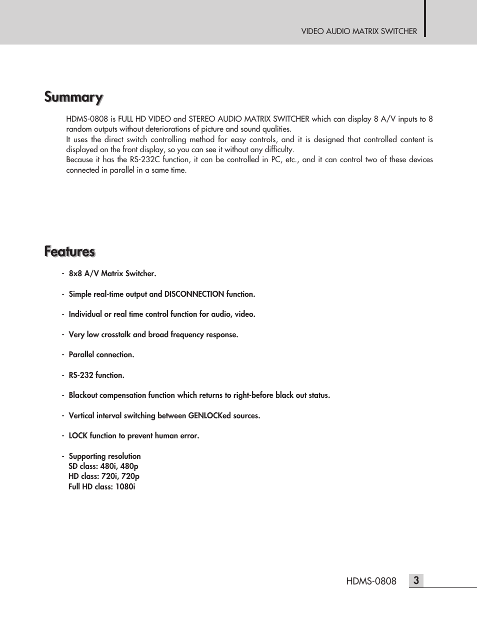 Summary, Features | Inter-M HDMS-0808 User Manual | Page 5 / 23