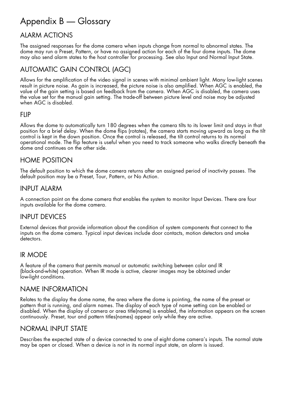 Appendix b — glossary, Alarm actions, Automatic gain control (agc) | Flip, Home position, Input alarm, Input devices, Ir mode, Name information, Normal input state | Inter-M HDRC-Z440 User Manual | Page 31 / 36