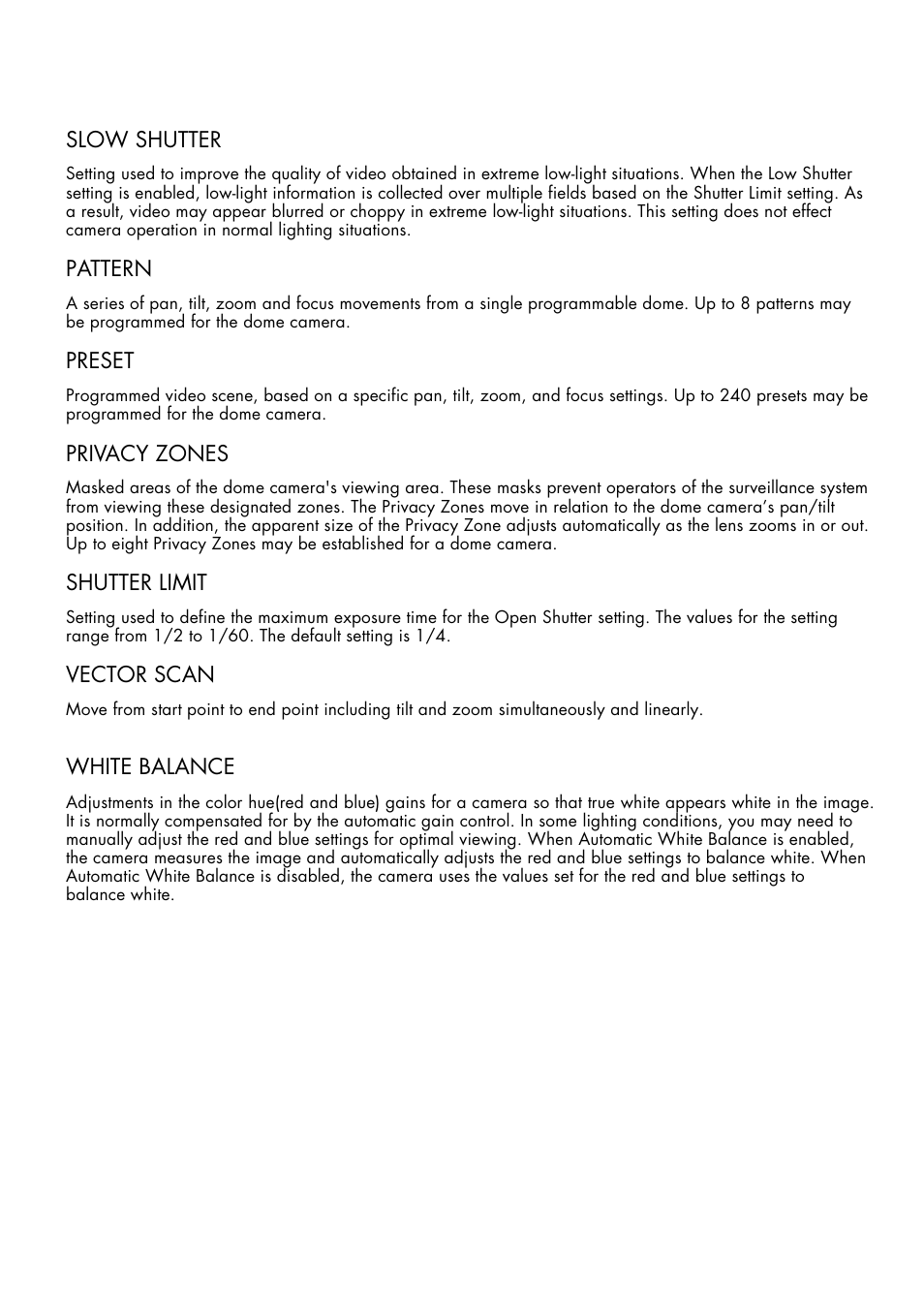 Slow shutter, Pattern, Preset | Privacy zones, Shutter limit, Vector scan, White balance | Inter-M HDRC-Z440 User Manual | Page 32 / 36