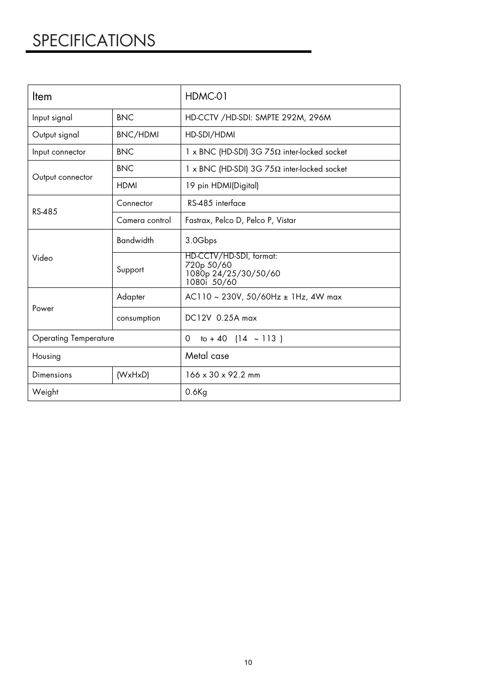 Specifications, Item | Inter-M HDMC-01 User Manual | Page 9 / 12