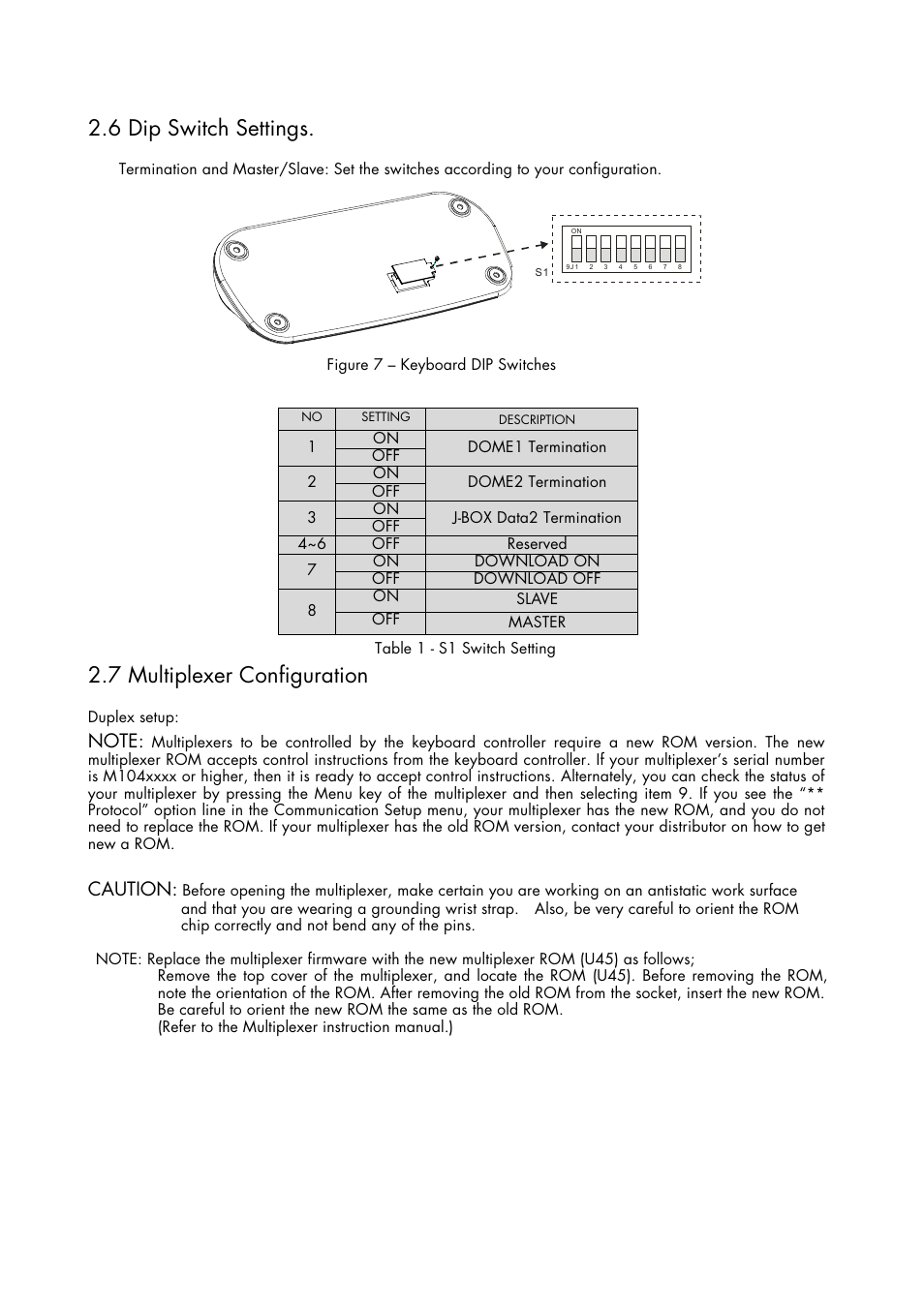 6 dip switch settings, 7 multiplexer configuration, Caution | Inter-M HDCC-400 User Manual | Page 13 / 48