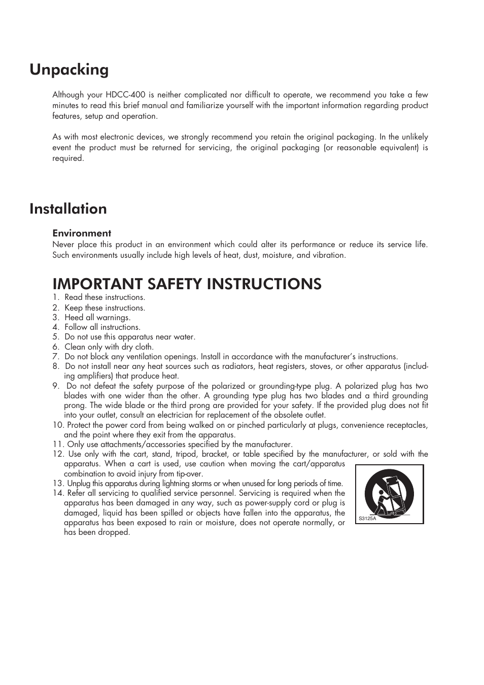 Unpacking, Important safety instructions, Installation | Inter-M HDCC-400 User Manual | Page 3 / 48