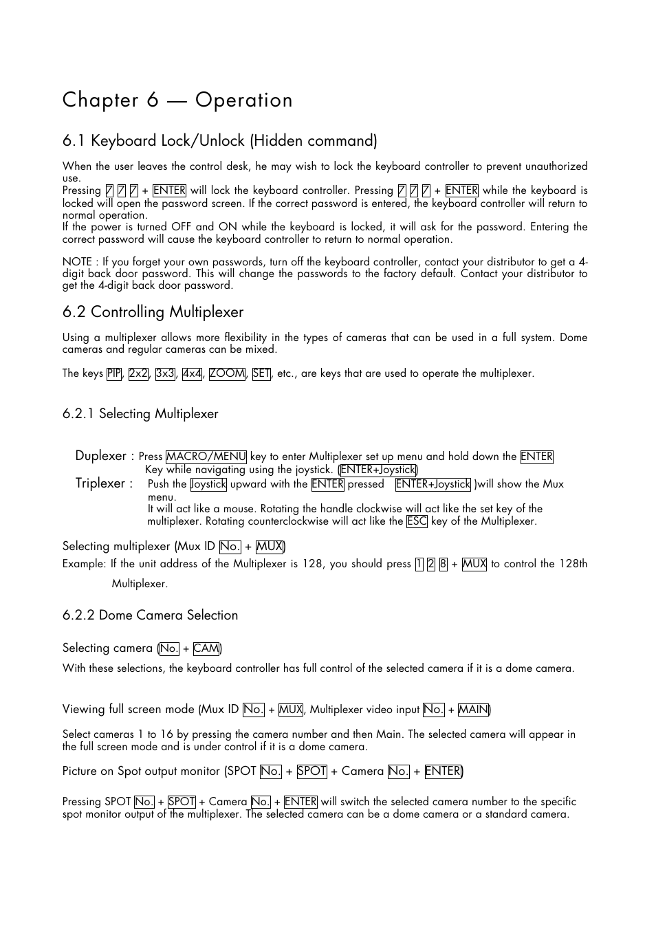 Chapter 6 — operation, 1 keyboard lock/unlock (hidden command), 2 controlling multiplexer | Inter-M HDCC-400 User Manual | Page 30 / 48