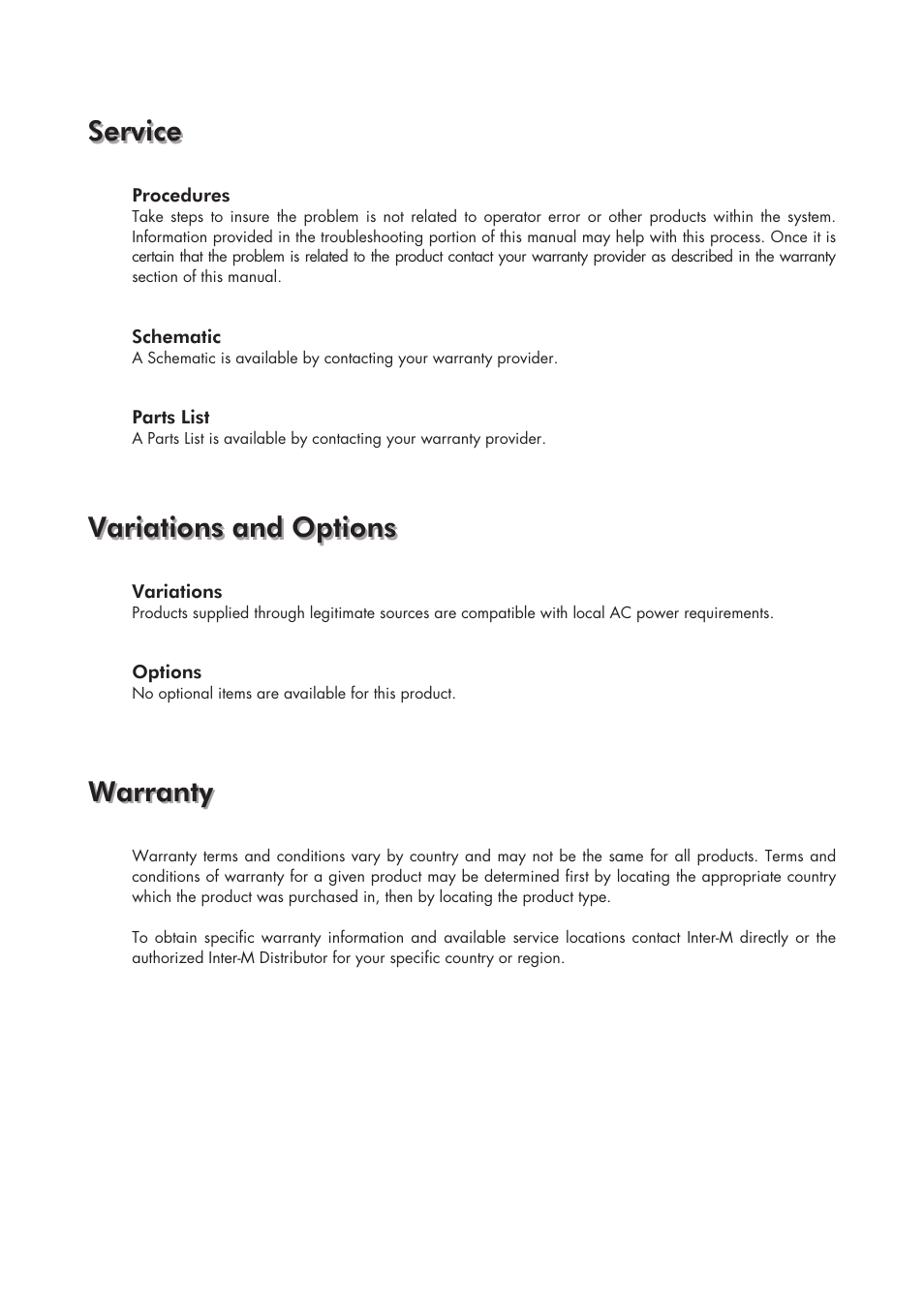 Service, Variations and options, Warranty | Inter-M HDCC-400 User Manual | Page 47 / 48